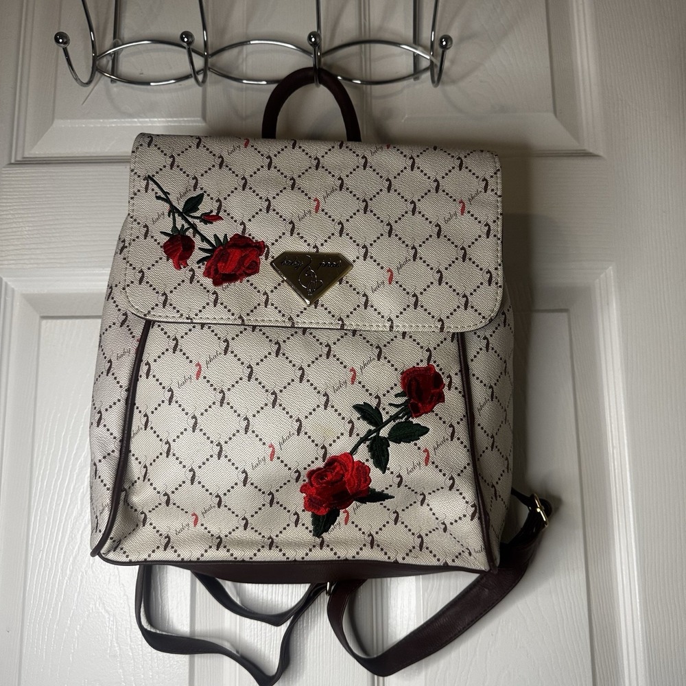 Baby Phat Y2K Embroidered Rose Floral Backpack Cream Brown Logo Print Bag